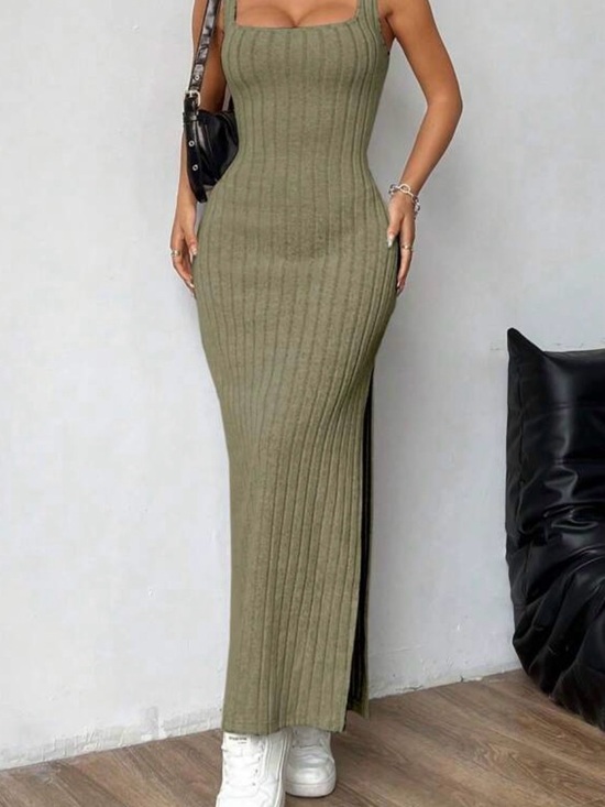 SHEIN Dresses & Skirts - SHEIN Olive Green Ribbed Maxi Tank Dress with Side Slit